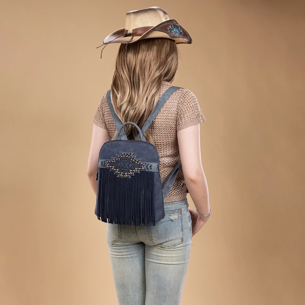 Trinity Ranch Aztec Tooled Fringe Concealed Carry Backpack Navy - Picture 2 of 5
